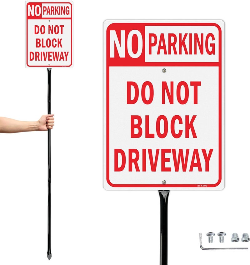TR Large No Parking Sign Do Not Block Driveway Sign with 54" Stake - 14"x10" .040 Rust Free Aluminum, Reflective, Waterproof and Fade Resistant, 2 pre-drilled holes, Includes Matching Screws & Wrench, Easy to Mount - Image 1